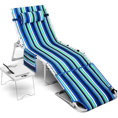 3-In-1 Striped Blue Beach Chair - 5-Position Recliner (Lays Flat) With Folding Side Table, Removable Pillow, 330Lbs Capacity For Poolside/Patio/Campin | Wayfair North America