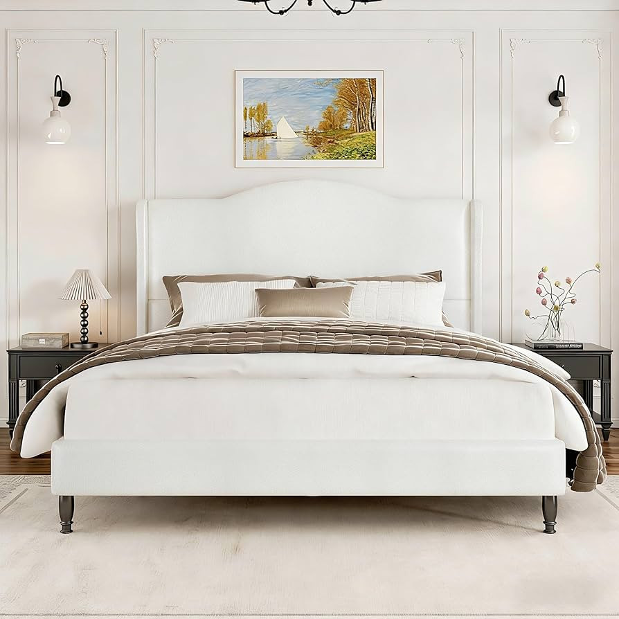 Upholstered Bed Frame with Tall Headboard, Leather Queen Platform Bed Frame with Wingback Sides, ... | Amazon (US)