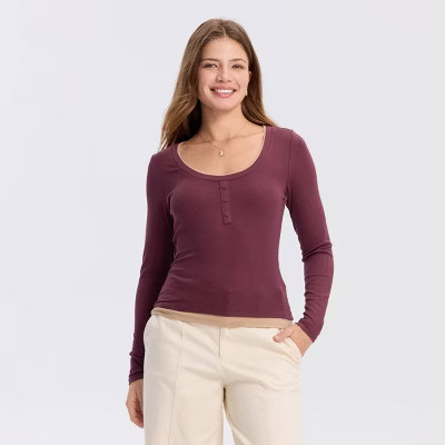 Women's Long Sleeve Contrast Ribbed Henley Top - A New Day™This item is not available | Target