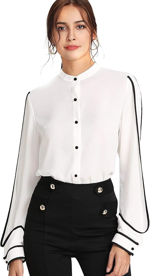 Milumia Women's Elegant Button Workwear Shirt Stand Collar Long Sleeve Blouse | Amazon (US)