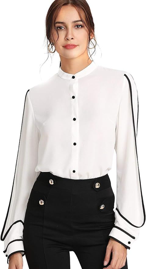 Milumia Women's Elegant Button Workwear Shirt Stand Collar Long Sleeve Blouse | Amazon (US)