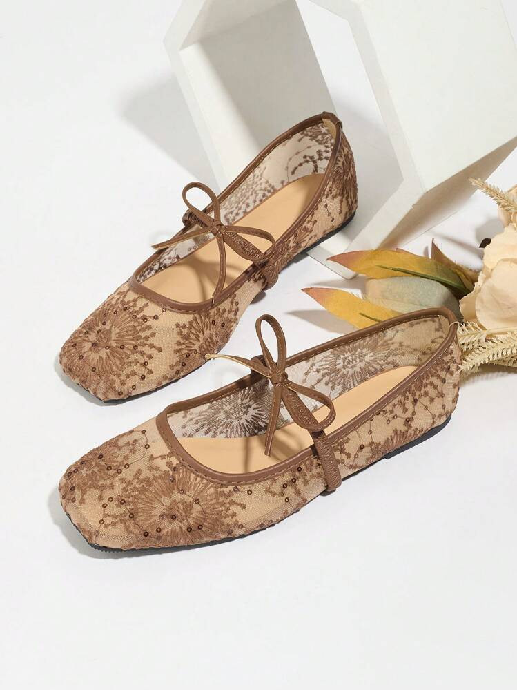 Women Brown Flat Ballet Flats With Bowknot & Floral Embroidery Decor, Summer Breathable Hollow Mesh Sandals, Square Toe Glitter Wide Fit Mary Jane Shoes | SHEIN