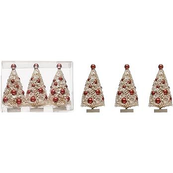 Snow Flocked Bottle Brush Trees with Red Ornaments - on Wood Bases (Boxed Set of 3) | Amazon (US)