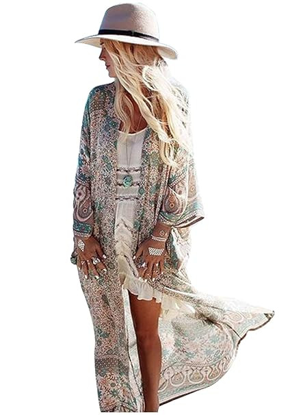 Women's Long Sheer Floral Kimono Cardigan, Chiffon Bikini Beach Cover up, Summer Blouse Loose Top... | Amazon (US)