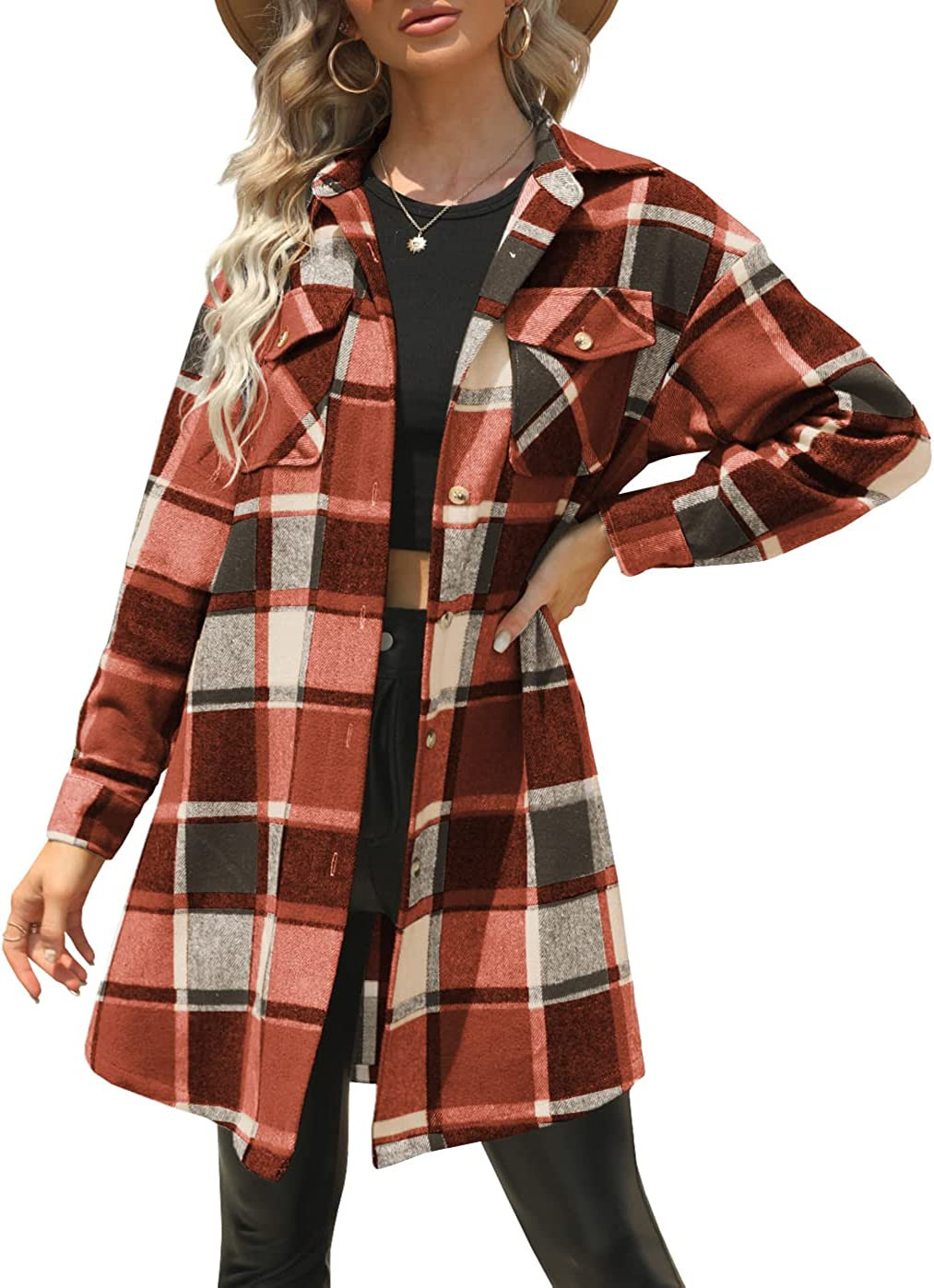 KAMONG Womens Button Down Flannel Shirts Oversized Long Sleeves Collared Casual Shacket Jacket Co... | Amazon (US)