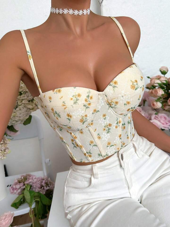 SHEIN BAE Sommerurlaub Blumendruck Spitzen-bustier Fischgrätstruktur Schmales Cami Top | SHEIN