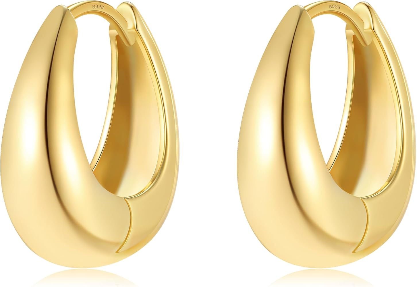 Small Chunky Gold Hoops Teardrop Huggie Earrings 925 Sterling Silver Post 14k Gold Plated Oval Th... | Amazon (US)
