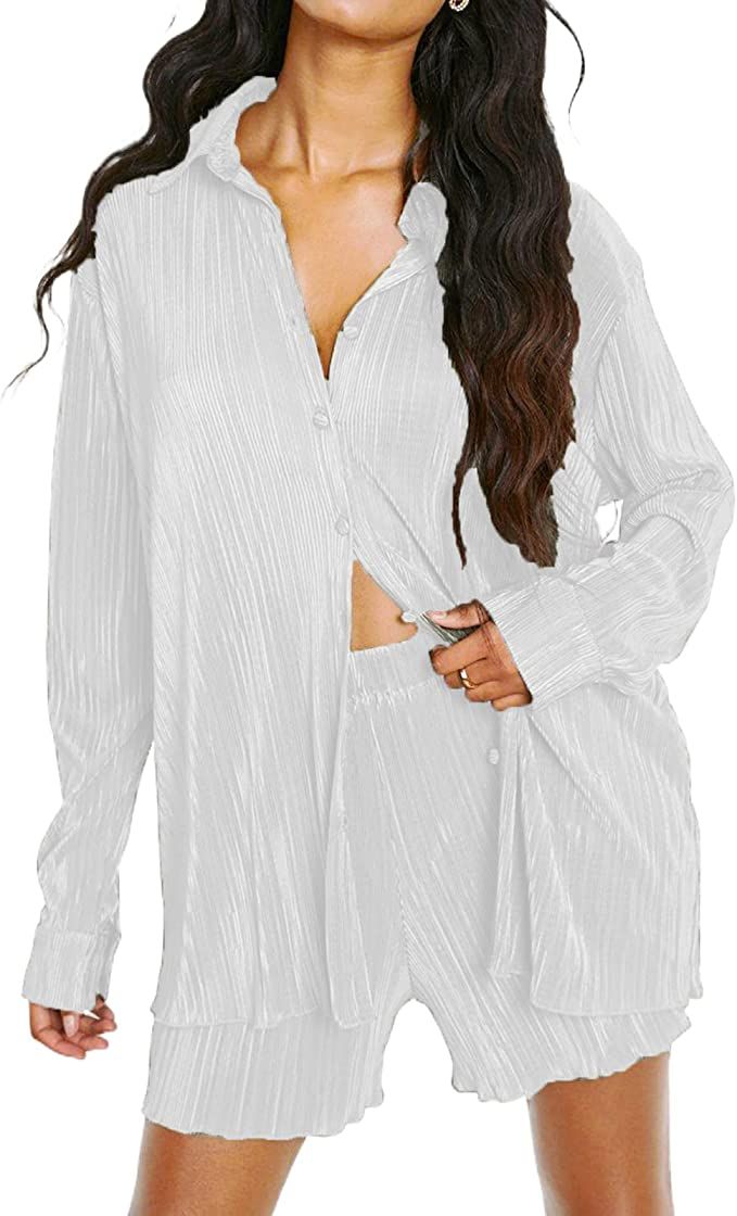 NUFIWI Women Oversized 2 Piece Outfits Pleated Long Sleeve Button Blouse Top Wide Leg Pants Sets ... | Amazon (US)