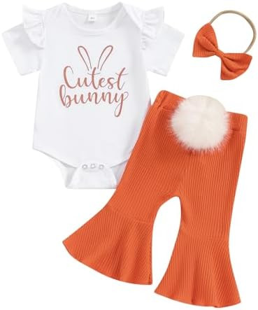 Kuriozud Newborn Baby Girl Bell Bottom Outfit Ruffle Romper Cute Bow Flare Pants Set Headband Cut... | Amazon (US)
