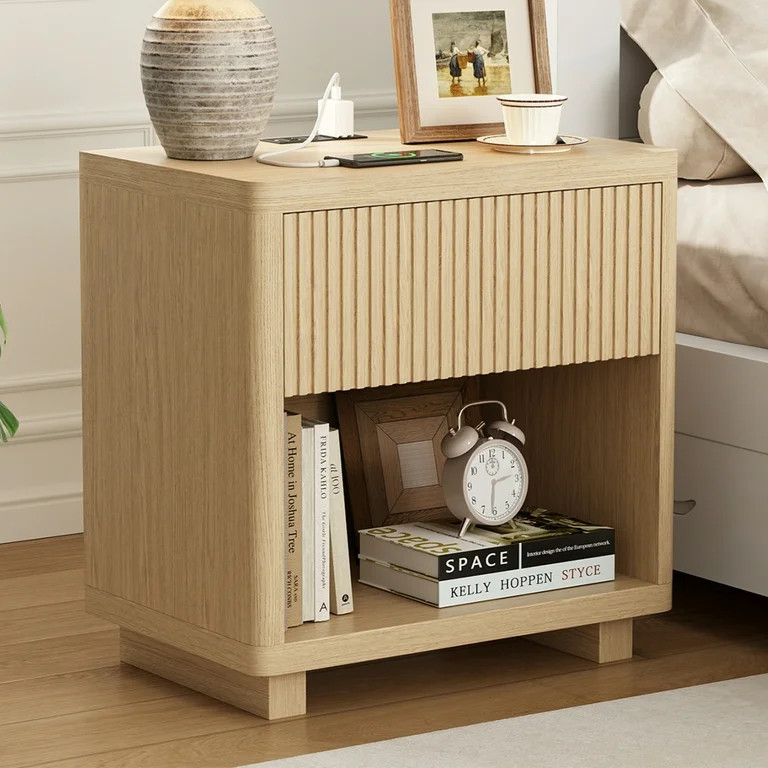 IDEALSOUL Nightstand, 24inch Fluted Bedside Table with Charging Station, End Table with open Stor... | Walmart (US)