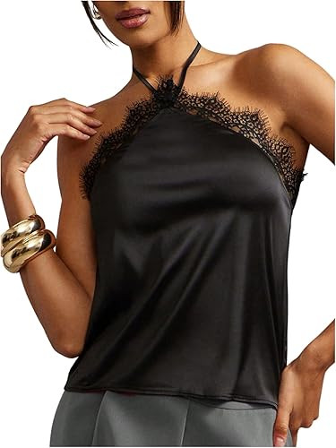 MakeMeChic Women's Satin Halter Tops Silk Lace Trim Tie Backless Going Out Tank Top | Amazon (US)