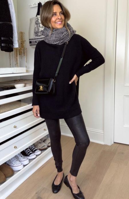 Spanx fleece lined faux leather leggings! Discount code FashionedlifeXSpanx for 10% off + free shipping and returns. I wear a S. 
-Free People mock turtle neck tunic sweater
-Plaid scarf
-Ballet flats

#LTKover40 #LTKfindsunder50 #LTKSeasonal