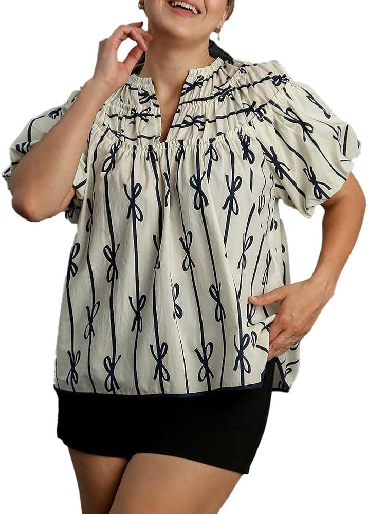 Umgee USA Ribbon Print Ruffle Top Off-White Medium | Amazon (US)