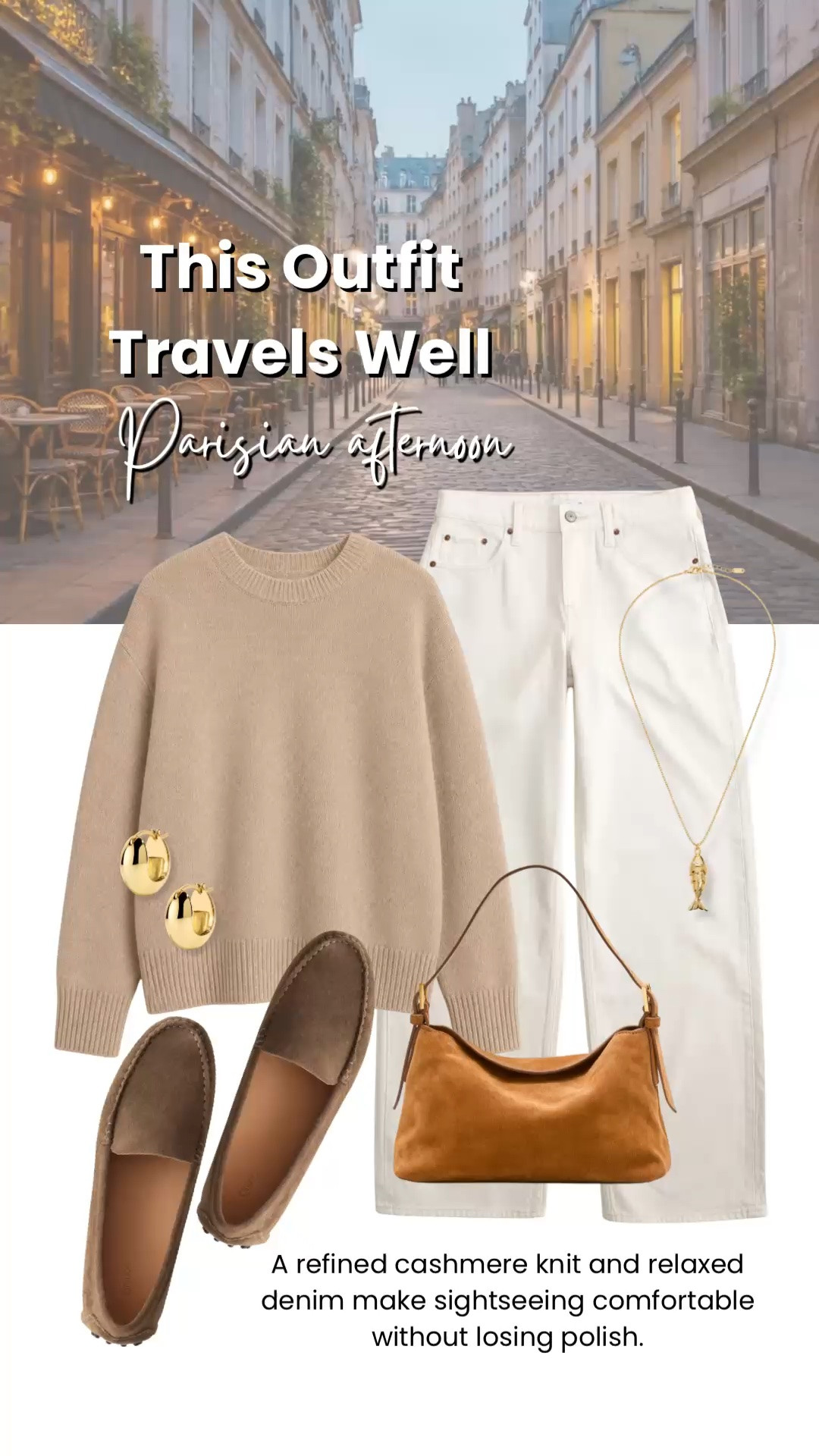 This is the kind of outfit I’d pack for a day of exploring Paris: a refined cashmere sweater, relaxed white denim, and comfortable suede loafers. The warm neutral palette keeps it polished, while each piece is versatile enough to wear throughout a trip.

💡 LTK MADE EASY
❤️ Heart = Support my posts!
🔖 Save = Get sale & restock alerts
📋 Lists = Keep favorites organized
📲 Share = Send lists and products to a friend. Hello, Christmas List!
💬 Comment = Ask me anything about what I’m wearing.:-)

#LTKootd #LTKTravel #LTKOver40