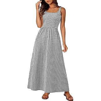 PRETTYGARDEN Women's 2025 Summer Spaghetti Strap Maxi Dresses Plaid Square Neck A Line Casual Bea... | Amazon (US)