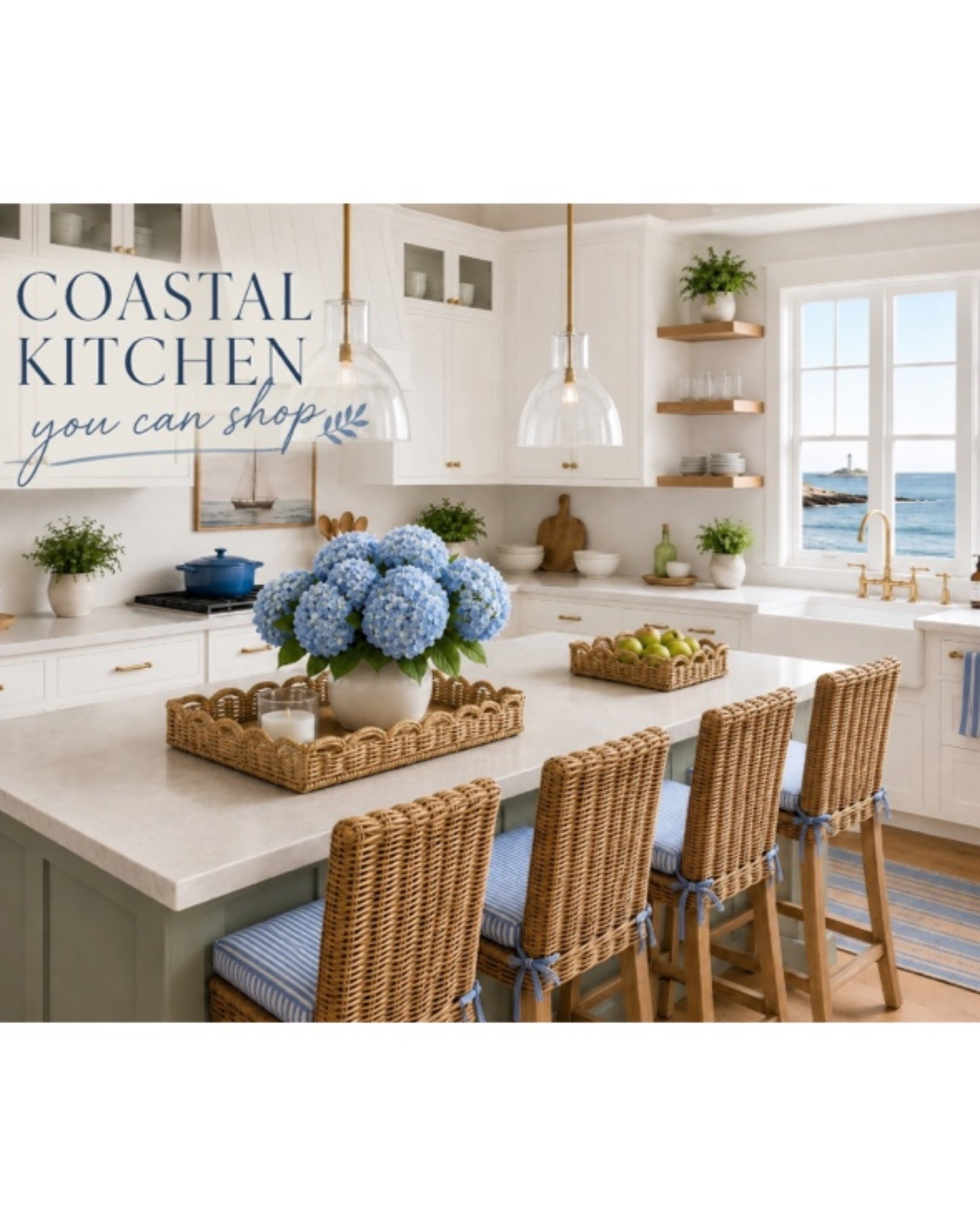 Bring home the timeless charm of a cozy coastal kitchen. 🌊💙 From woven counter stools and classic blue ticking stripes to scalloped trays, oversized hydrangeas, and airy glass pendants, every detail creates that warm, elevated look I love. Shop all of these beautiful finds and recreate the style in your own home through my LTK.💙
#coastalkitchen #counterstool #florals #art #pendants