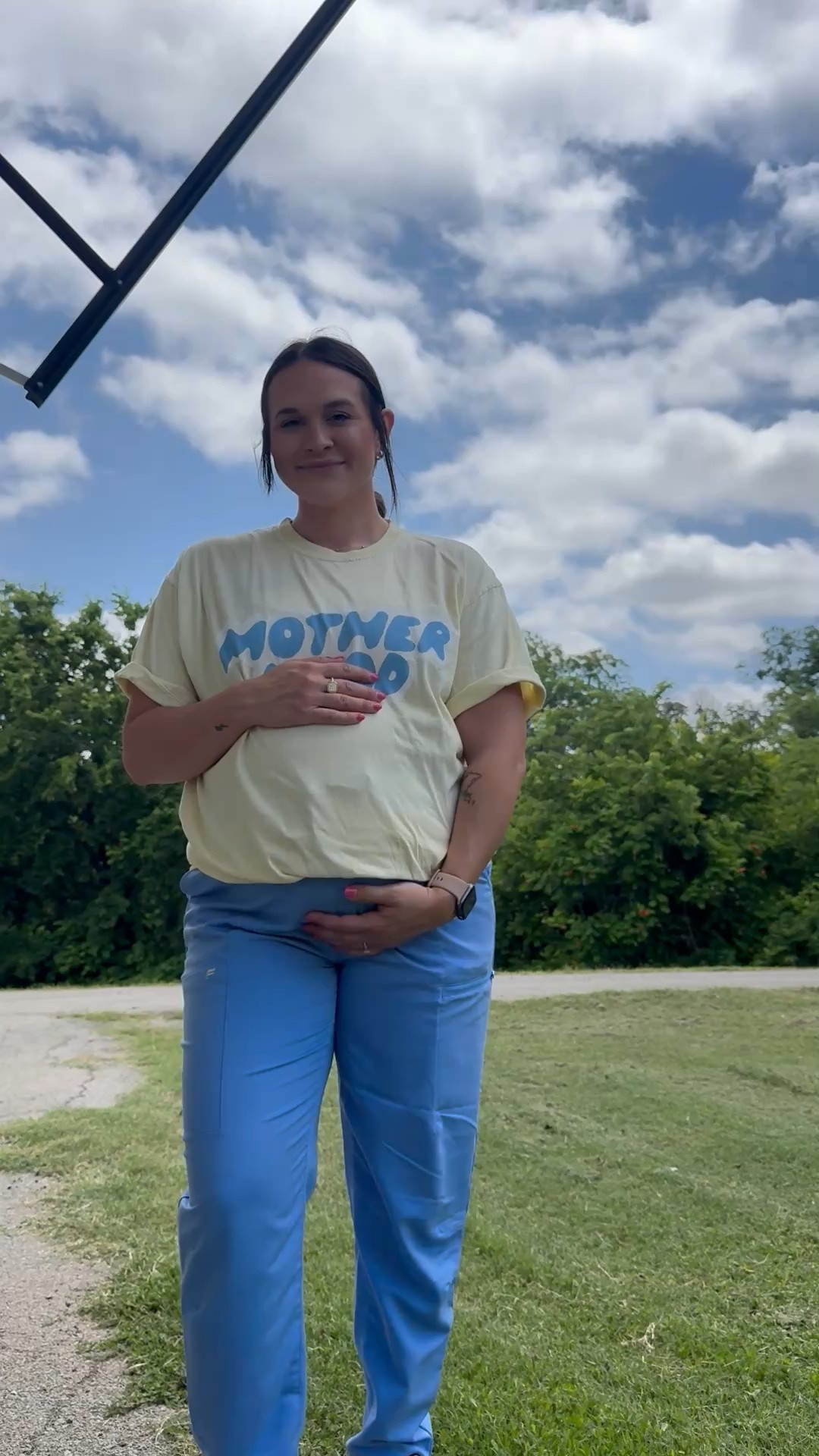 Motherhood t-shirt- shop Kristin jones
Fabletics scrub bottoms 🩵

#LTKStyleTip #LTKBump #LTKWorkwear