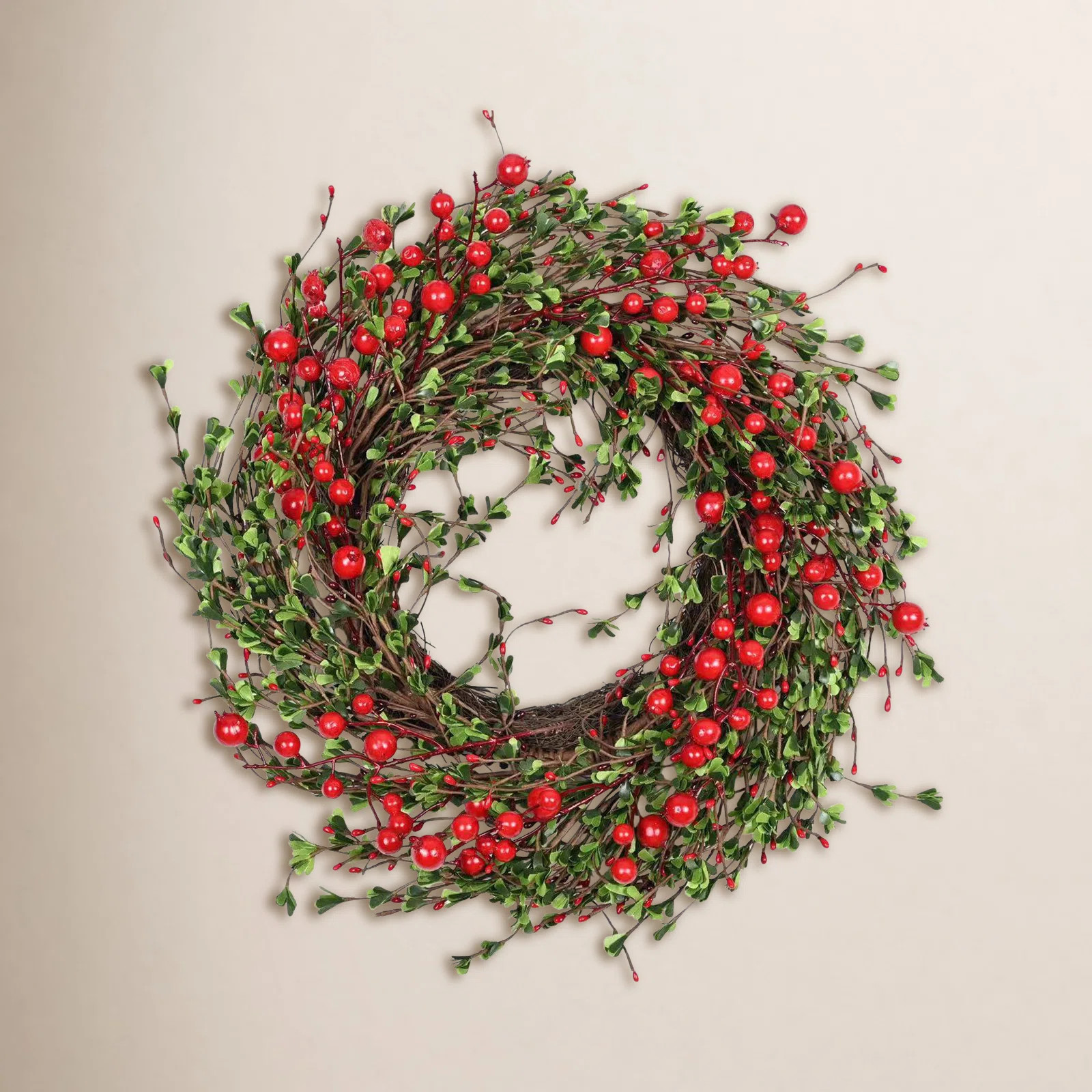 22" Farmhouse Artificial Foliage Grapevine Berry Fall Winter Front Door Wreath For Christmas | Birch Lane
