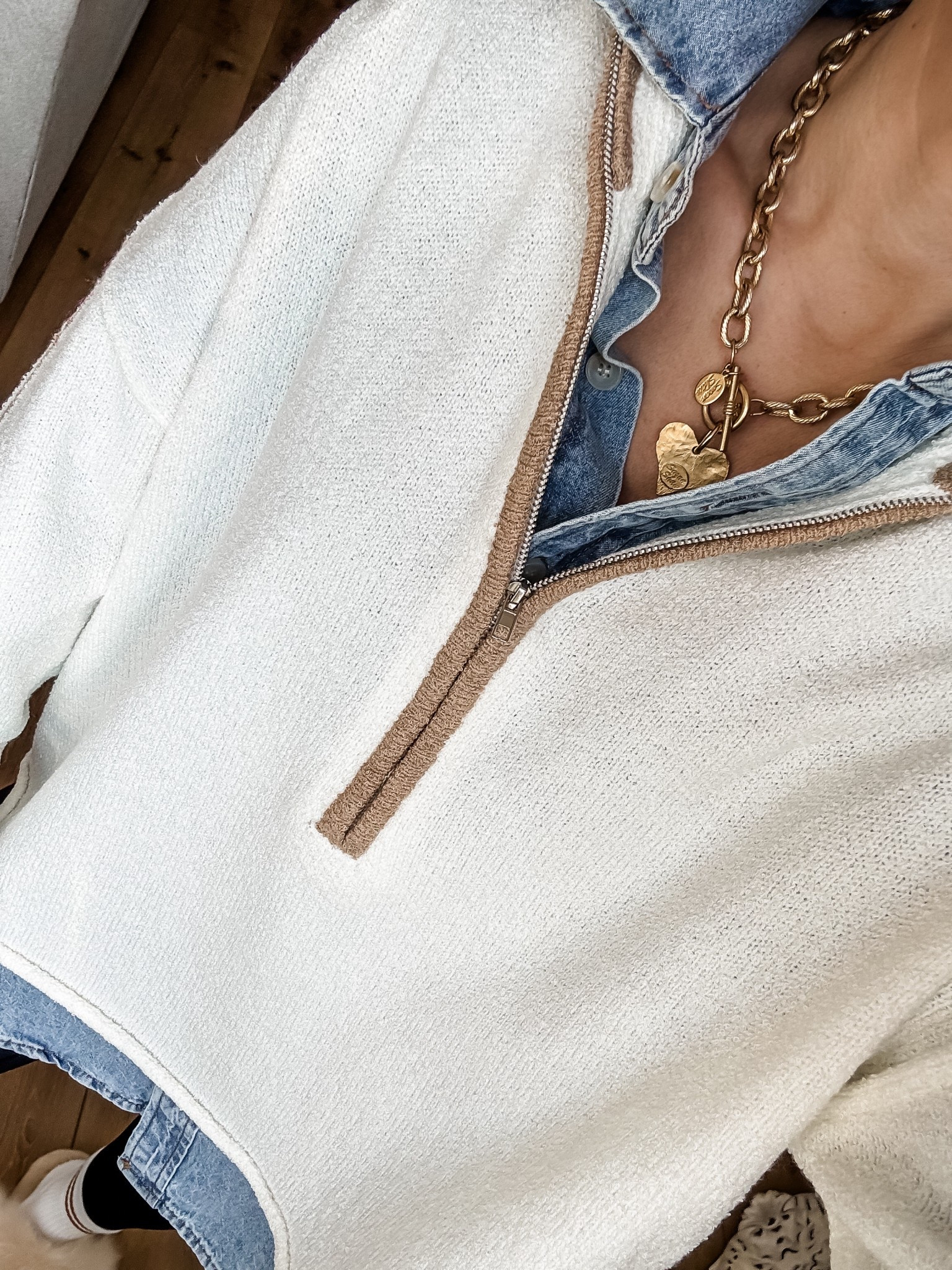 Gold heart necklace, small sweater, denim shirt, XS

#LTKOver40 #LTKFindsUnder100