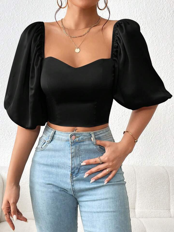 SHEIN Privé Sweetheart Neck Puff Sleeve Crop Blouse | SHEIN