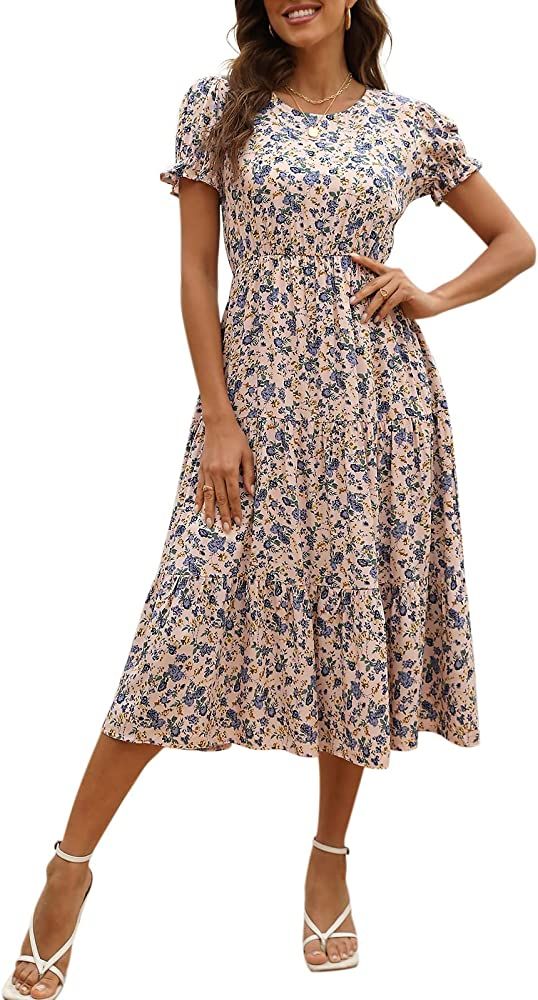 NAVINS Women Floral Print Puff Sleeve Tiered A-Line Swing Midi Dress with Pockets NA1002 | Amazon (US)