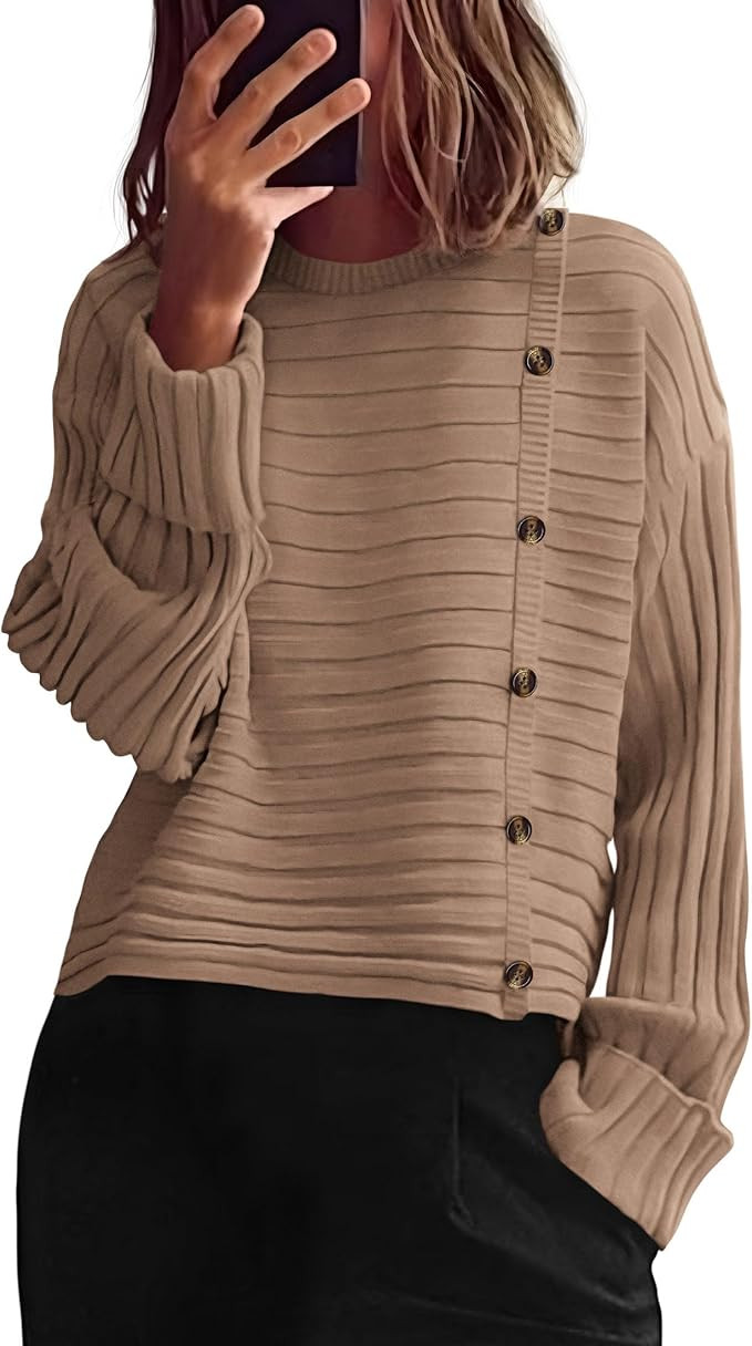 PRETTYGARDEN Womens Sweaters Fall 2024 Casual Long Sleeve Crewneck Button Loose Winter Knit Pullo... | Amazon (US)