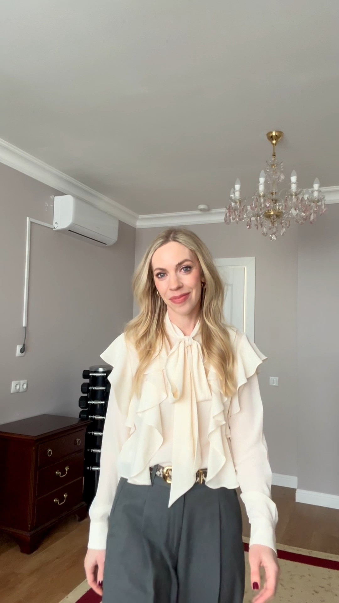 Ruffle blouse on sale under $75 - also available in black

Work wear outfit, office style, bow blouse, snakeskin belt, gray wide leg trousers 

#LTKSaleAlert #LTKgrwm #LTKWorkwear