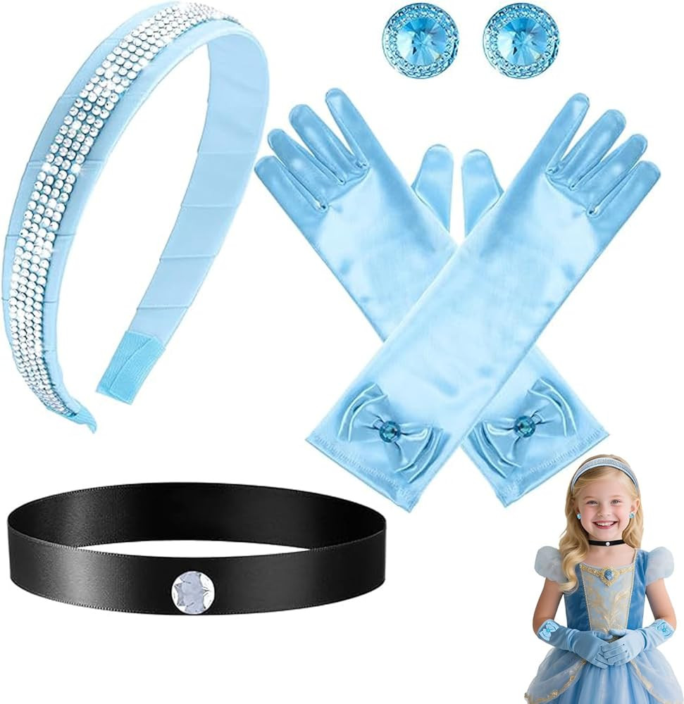 Cinderella Accessories for Girls - 4 PCS Rhinestone Crown, Headband, Choker Necklace, Gloves & Ea... | Amazon (US)