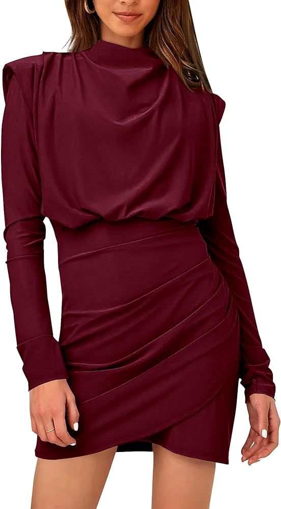 BTFBM Women's 2023 Fall Ruched Bodycon Mini Dresses Mock Neck Long Sleeve Wrap Party Cocktail Clu... | Amazon (US)