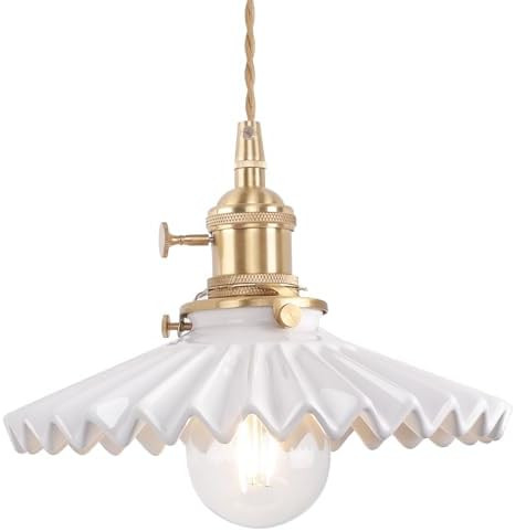 Shenmoyl Pendant Light with White Pleated Ceramic Lmapshade, Brass Vintage Pendant Light Adjustab... | Amazon (US)