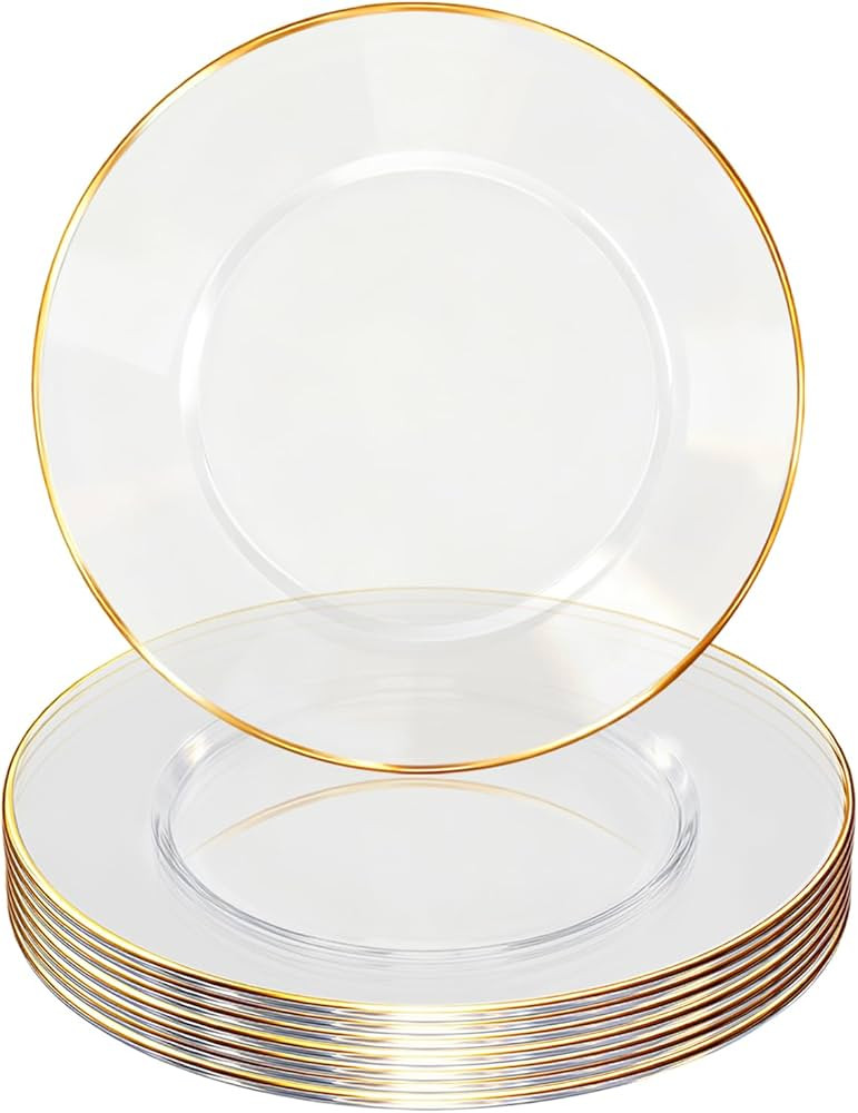 HOME BREEZE 13 Inch Charger Plates, 8 Pack, Clear Charger Plates with Gold Rim, Heavy Duty Dispos... | Amazon (US)