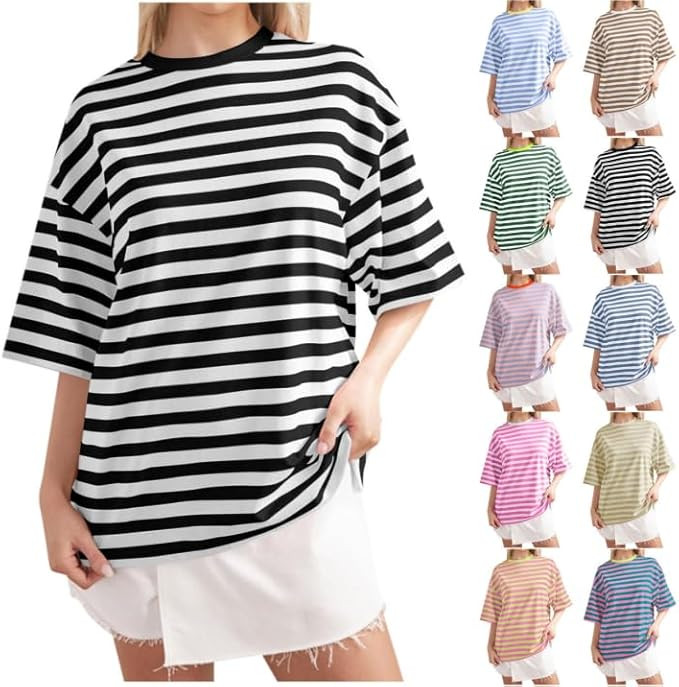 Womens Tops Summer Casual Striped Color Block Crewneck T Shirt Loose Oversized Short Sleeve Shirt... | Amazon (US)