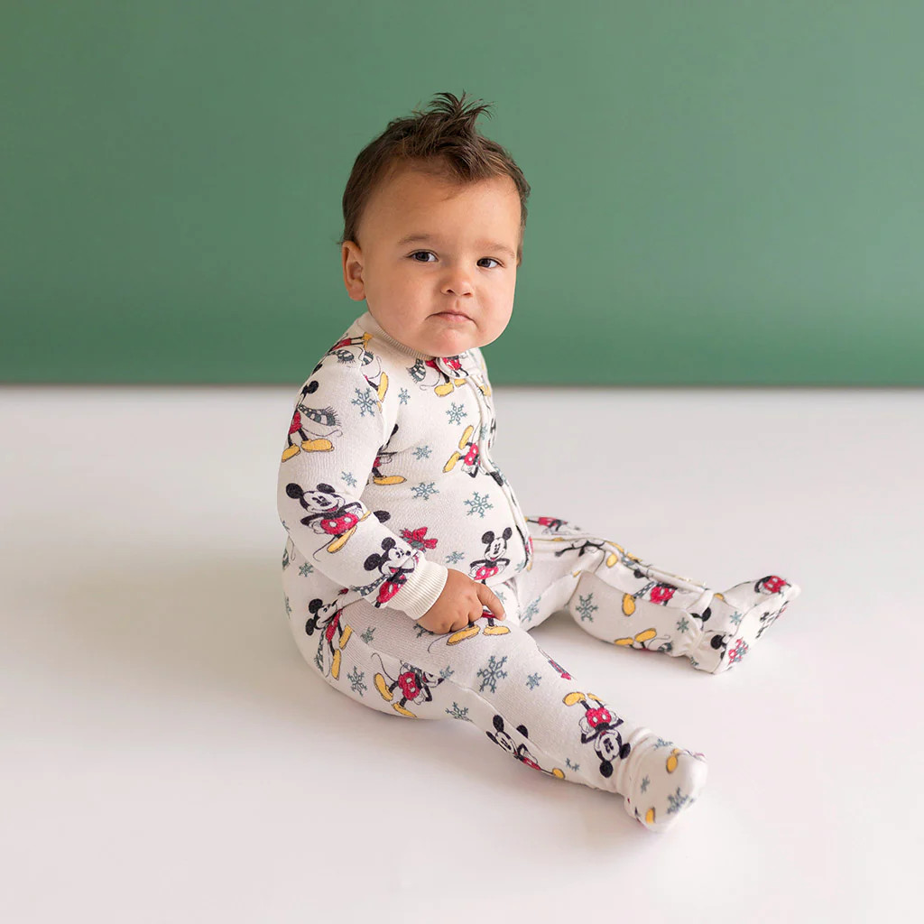 Disney White One Piece Baby Footie Pajamas | Disney Mickey Mouse Holiday | Posh Peanut