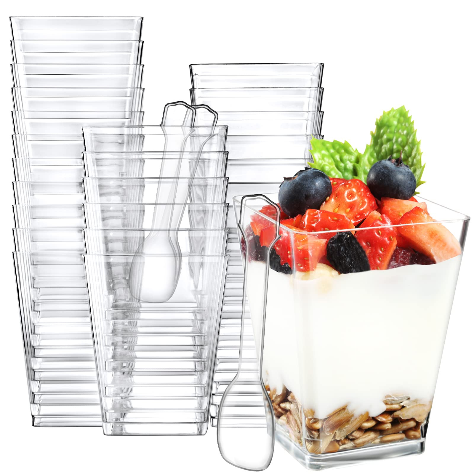 Eupako 50 Pack 5 oz Square Clear Plastic Dessert Cups With Spoons - Small Tumbler Cups for Appeti... | Amazon (US)
