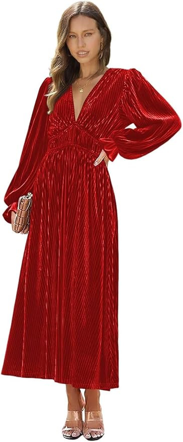 Long Sleeve Velvet Bridesmaid Dress Pleated Long V Neck Empire Waist Formal Evening Maxi Dress fo... | Amazon (US)