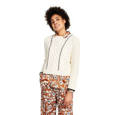 Women's Cableknit Whipstich Stripe Crewneck Sweater - La Ligne x Target Cream/Black | Target