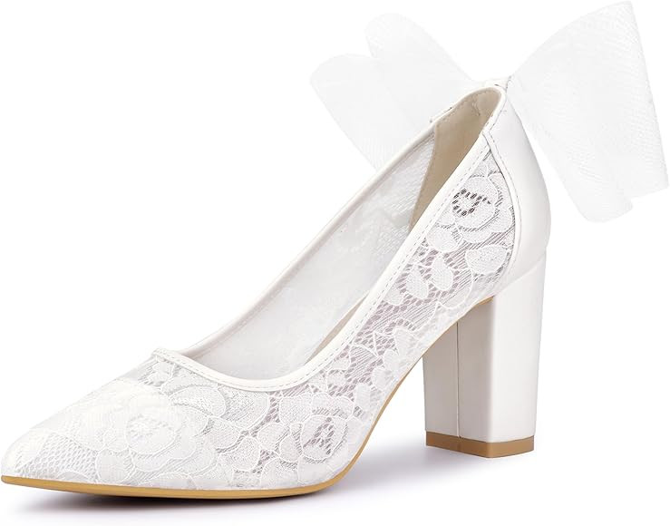 Perphy Pointed Toe Bow Lace Decor Lace Block Heel Pumps for Women | Amazon (US)