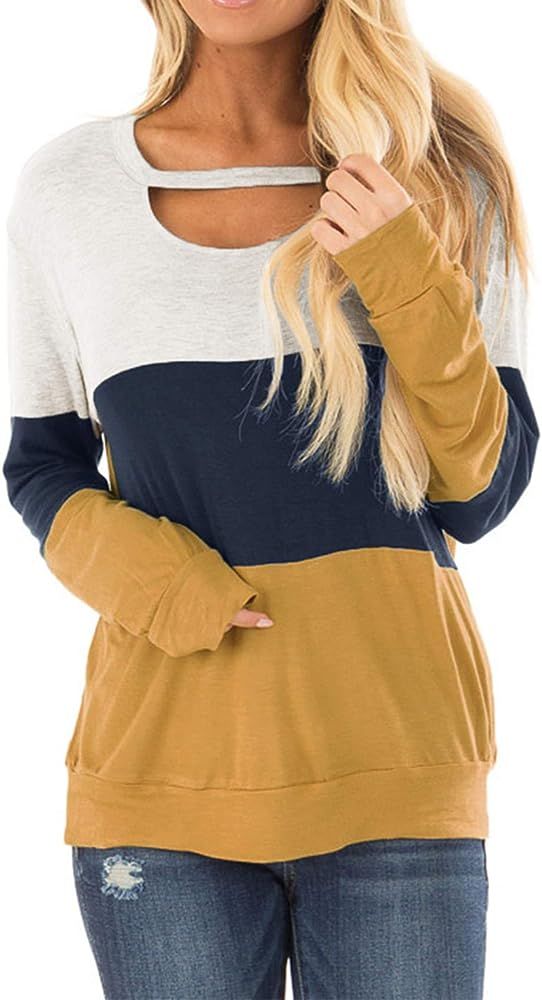 Topstype Women's Long Sleeve Tunics Color Block Cutout Sweatshirt Loose Fit Tops | Amazon (US)