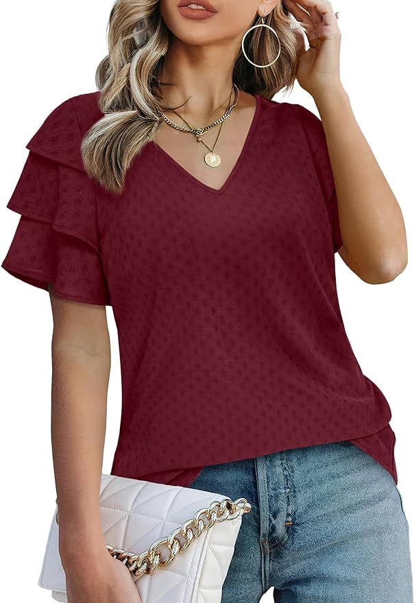 Bofell Womens Tops Dressy Casual Ruffle Sleeve V Neck Summer Shirts and Blouses | Amazon (US)