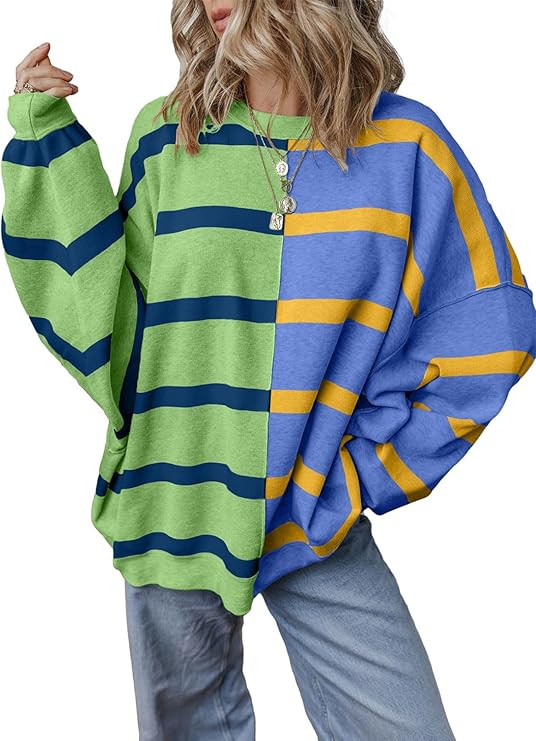 EVALESS Womens Striped Sweaters Long Sleeve Cable Knitted Color Block Casual Loose Lightweight Ov... | Amazon (US)