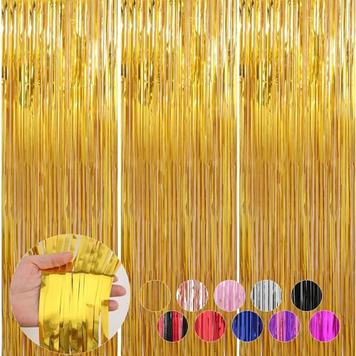 3 Pack Gold Foil Fringe Curtains Streamers Party Decorations 3.3 x 8.2 ft, Gold Tinsel Curtain Fringe Backdrop for Parties, Door Fringe Birthday Streamers, Photo Booth Backdrops, Party Decor | Amazon (US)
