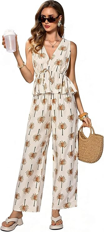 OYOANGLE Women's 2 Piece Outfits Graphic Print Drawstring Tank Top and Straight Leg Pants Set Vac... | Amazon (US)