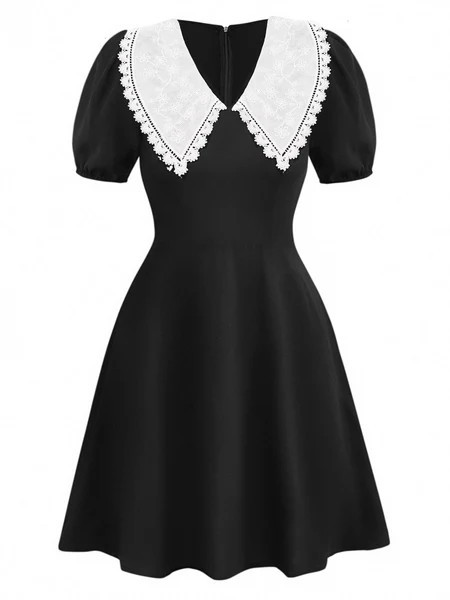 Black 1960s Lace Collar Puff Sleeve Dress | Retro Stage