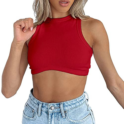 Abardsion Women's Crew Neck Racerback Knit Ribbed Basic Sleeveless Crop Tank Tops (Red,XS) | Amazon (US)