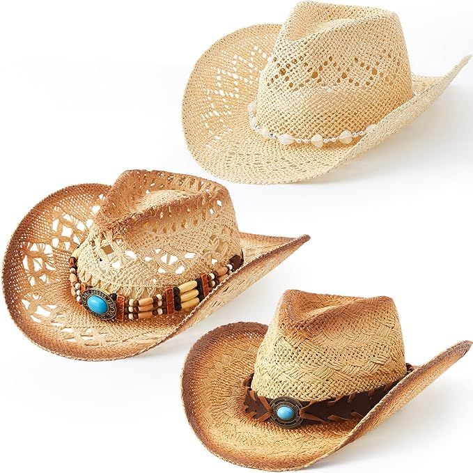 3 Pcs Straw Cowboy Hats for Women Summer Coastal Cowgirl Hats Western Hats with Adjustable Cowboy... | Amazon (US)