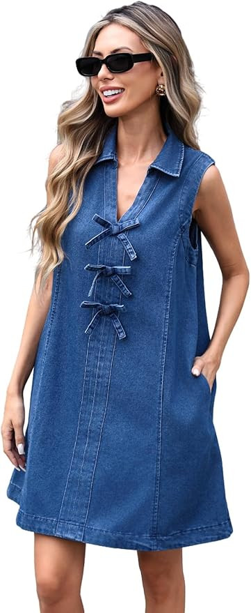 LifeShe Denim Dress for Women Summer Sleeveless V Neck Bow Tie Front Jean Mini Dresses | Amazon (US)