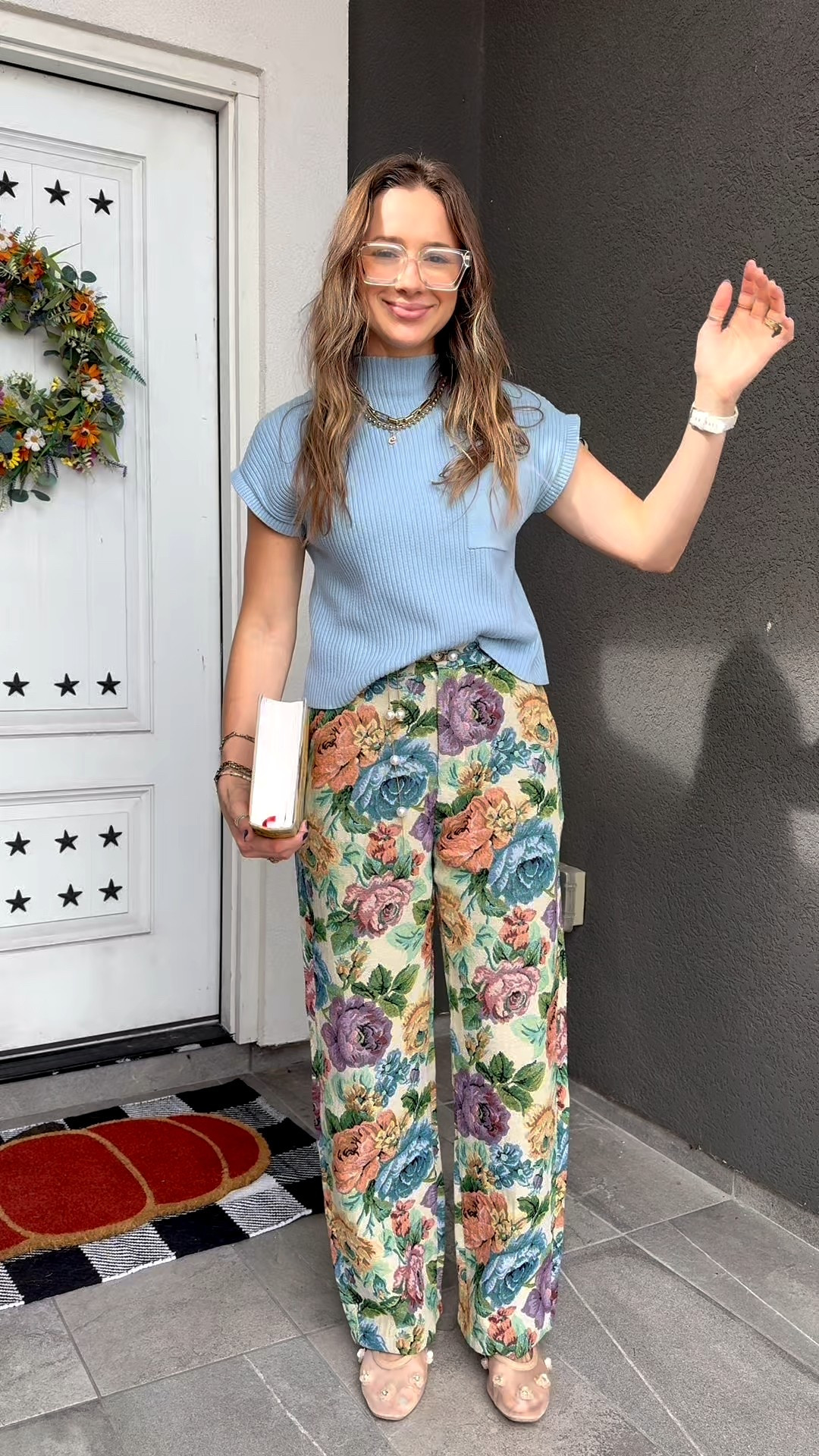 Church ootd with floral pants perfect for fall and a short sleeve sweater top. 
Pants:small 
Top: small