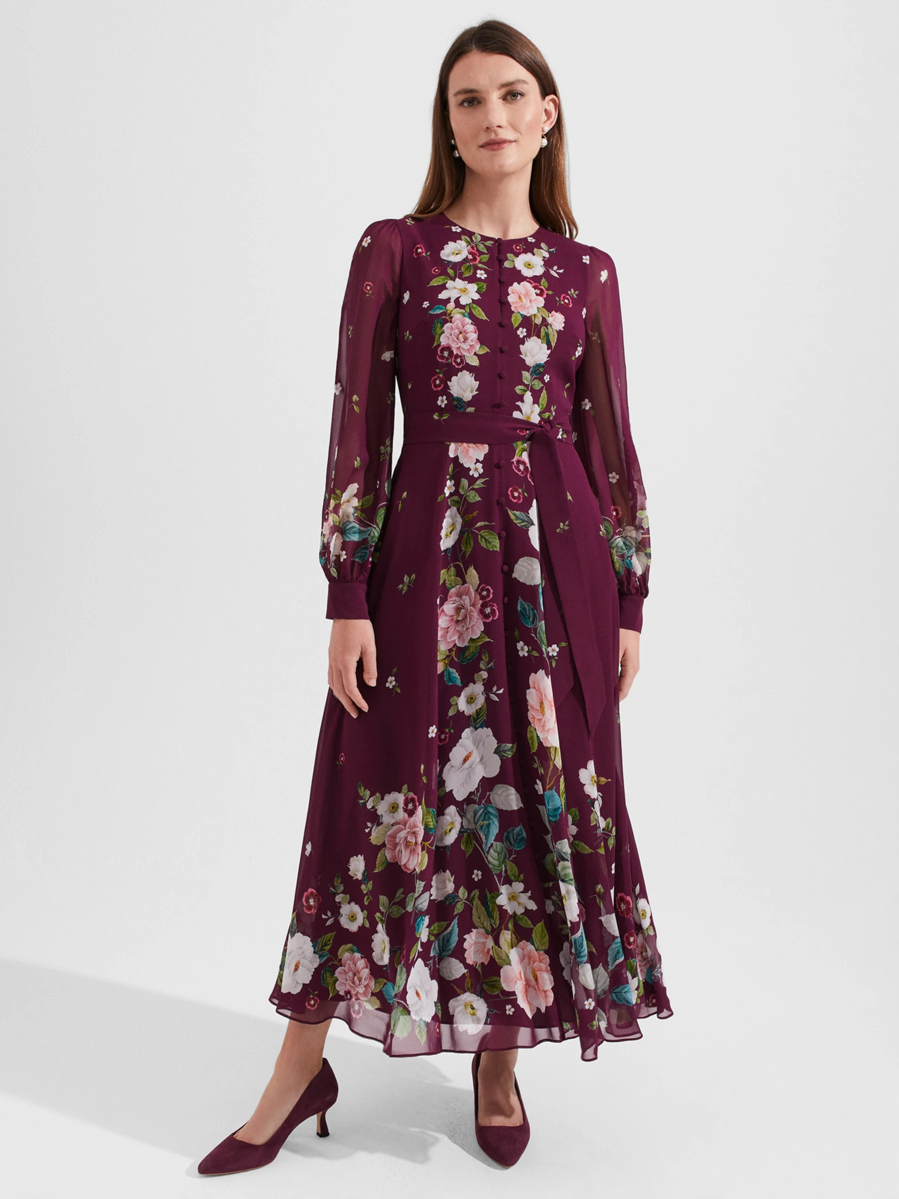 Hobbs Maribella Floral Silk Maxi Swing Dress, Burgundy/Multi | John Lewis (UK)
