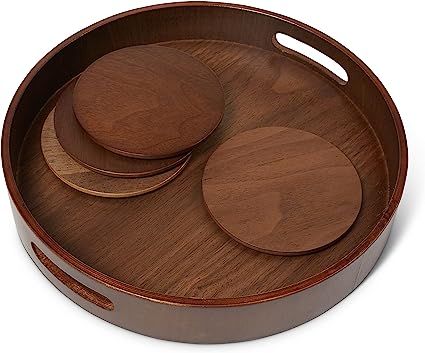 KONAWISE Brown Wooden Ottoman Tray with Coasters - 12 in Rustic Round Serving Tray - Walnut Wood,... | Amazon (US)