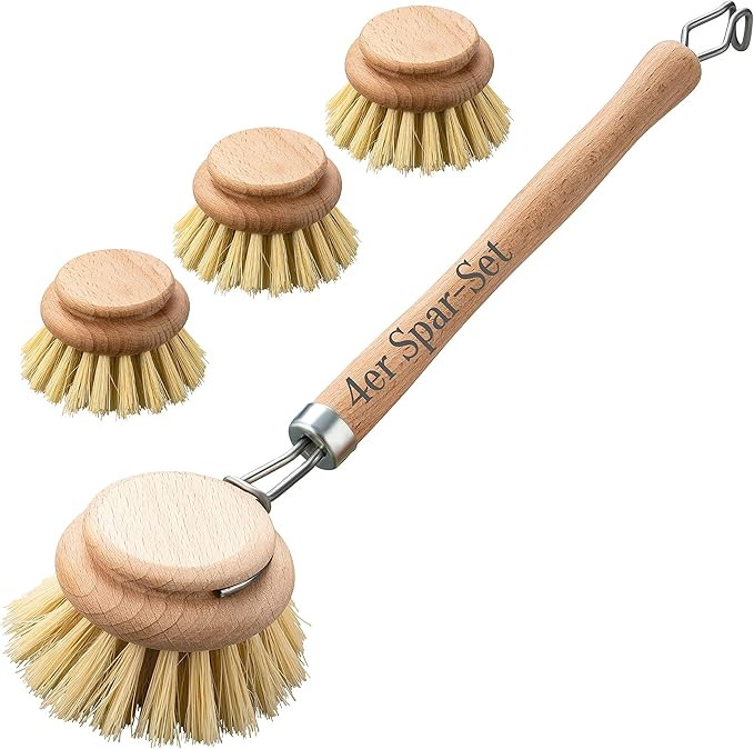 4er Set Spülbürste aus Holz mit Naturfaser, Sparset aus Reinigungsbürste und 3 Bürstenköpfen... | Amazon (DE)